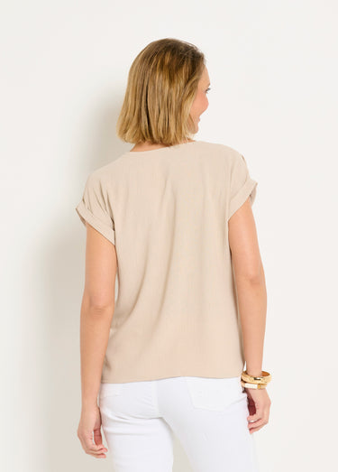 Tunique col V manches kimono aspect gaufré Beige