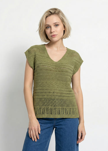 Pull manches courtes grosse maille Kaki