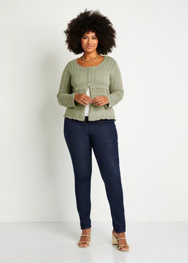 Gilet boléro court boutonné ajouré Kaki