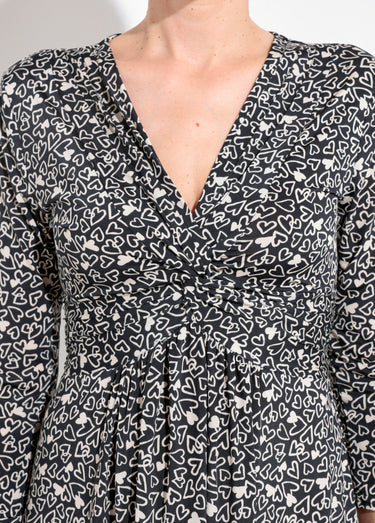 Robe manches 3/4 col V drapé motif cœurs Noir / Blanc