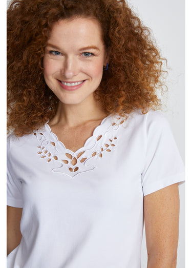 T-shirt col V ajouré brodé Blanc