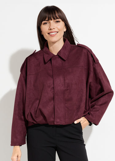 Veste oversize suédine, taille resserrée Prune