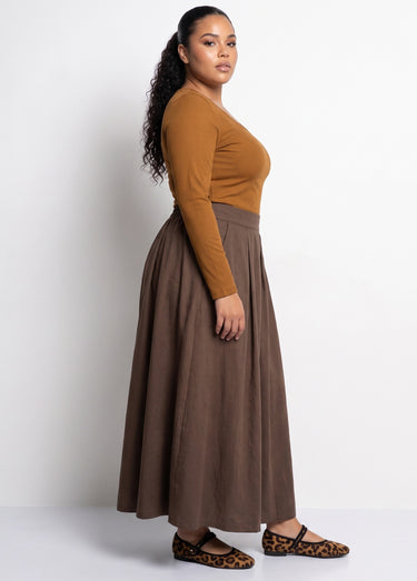 Jupe longue taille plissée et élastiquée Marron
