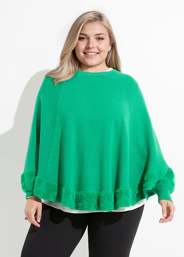 Poncho cape maille coeurs et col rond Vert Vif