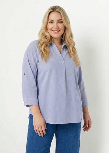 Blouse col V en seersucker fines rayures Raye Bleu