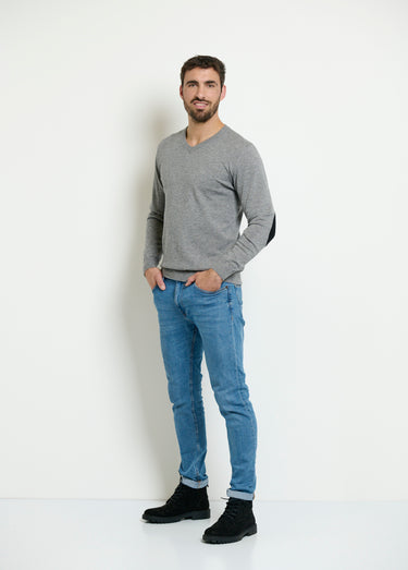 Pull col V maille empiècements coudes Gris Chine
