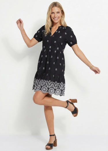 Robe courte ample coton brodé Noir / Blanc