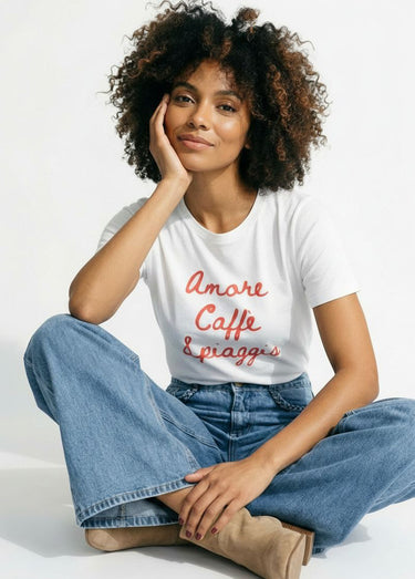 T-shirt blanc coton Amore Caffè Spiaggia Blanc/Rouge