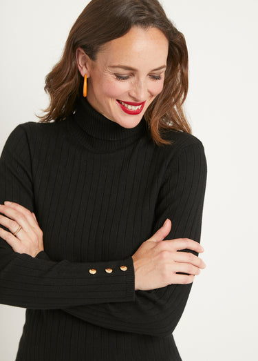 Pull doux côtelé court col roulé côtes plates Noir