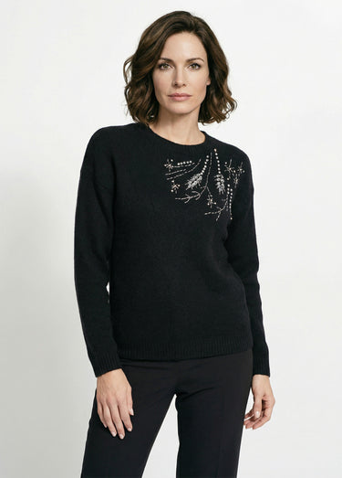 Pull doux col rond avec strass et sequins Noir