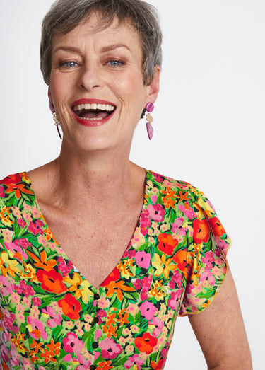 Robe courte volantée imprimé floral Rouge/Vert