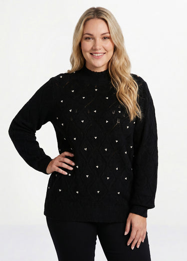 Pull doux ajouré perlé col montant Noir