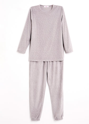 Pyjama pantalon col rond velours embossé pois Gris