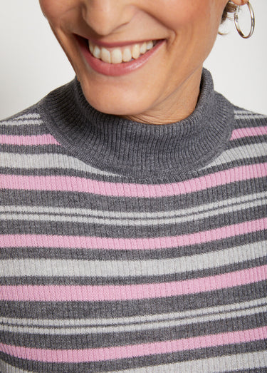 Pull col montant avec laine mérinos Rayé Gris/Rose
