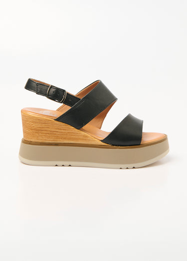 Sandales cuir compensées, talon aspect bois Noir