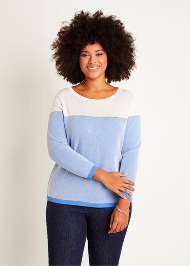 Pull fin col rond manches longues Blanc/Bleu
