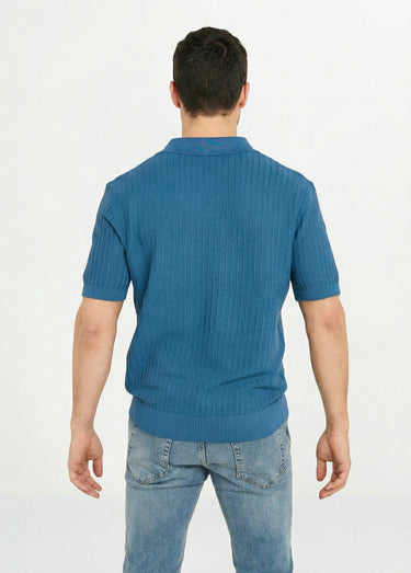 Pull fin col polo, en maille texturée Bleu