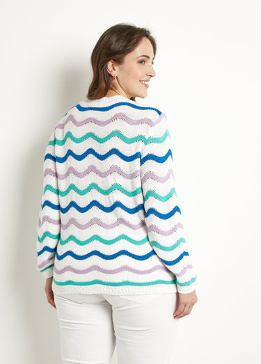 Pull doux col rond reliefé rayé point mousse Fond Ecru