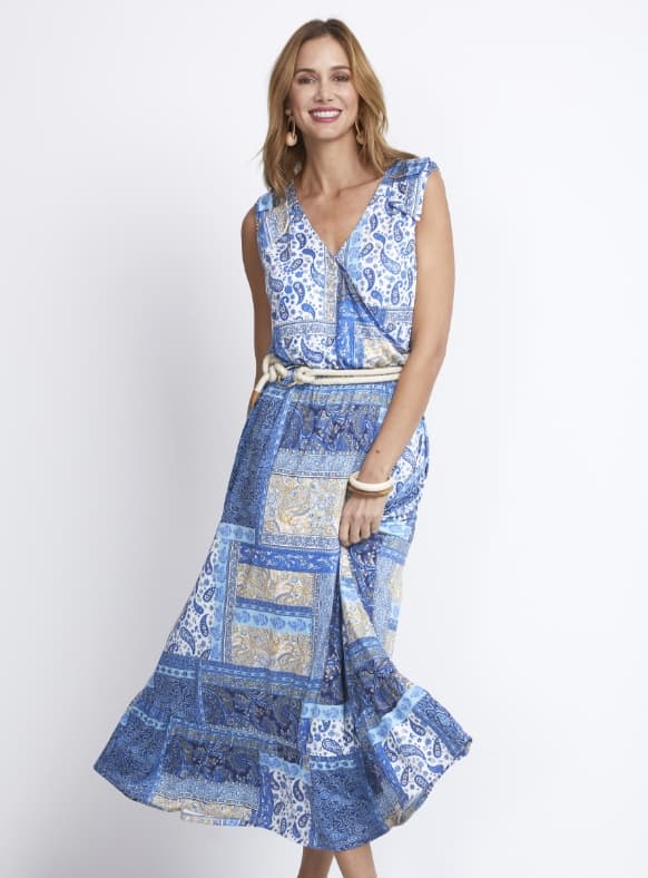 Long, sleeveless crossover dress