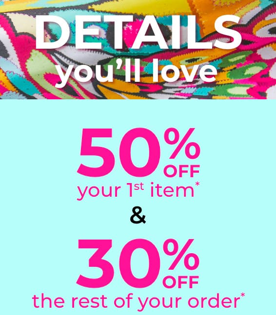 50% off your first item + 30% off the rest of your order + free gift when you spend £50